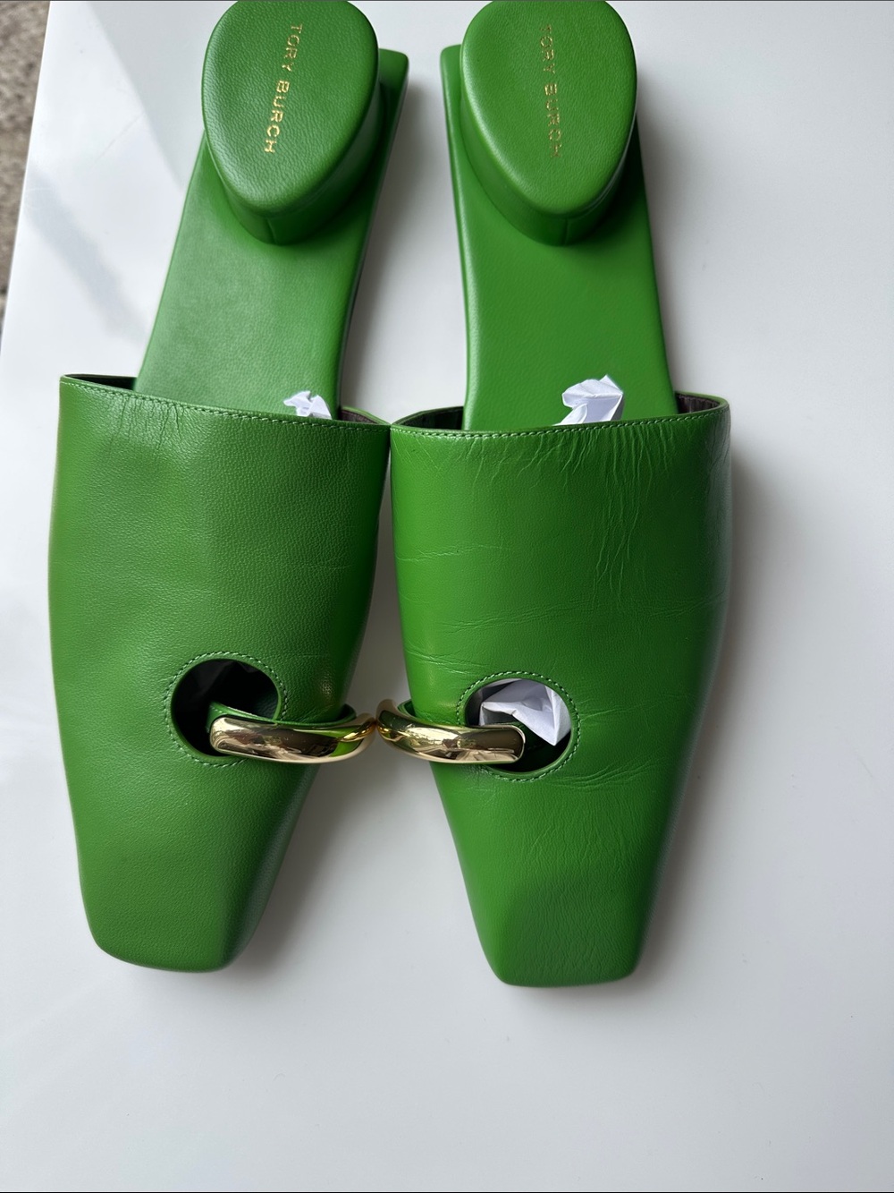 Tory Burch Green Leather Slide Sandals with Gold Chain